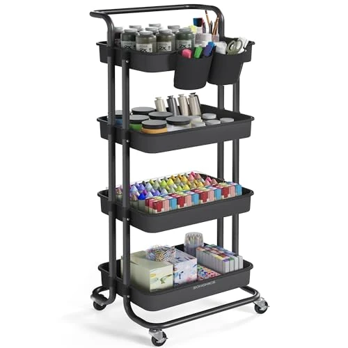 Offerta a tempo: SONGMICS Carrello Scorrevole, Trolley a 4 Livelli, Carrello di Servizio con Manico e 2 Piccoli Organizzatori, Struttura in Acciaio, per Bagno Lavanderia, Nero BSC077BZ01 - 22% da 29.99 € a 23.39 €