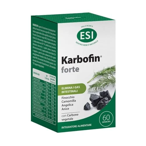 Offerta a tempo: ESI, Karbofin Forte, Integratore Carbone Vegetale Gonfiore, Elimina i Gas Intestinali e Regolarizza l'Attività Intestinale, Con Finocchio, Camomilla e Anice, Vegan, Senza Coloranti, 60 Naturcaps - 35% da 15.90 € a 10.29 €