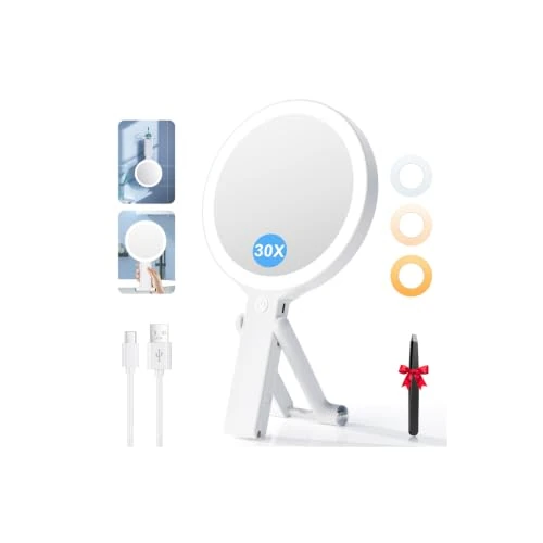 Offerta a tempo: Auxmir Specchio Trucco con Luci LED, Specchio Ingranditore Bifacciale 30X/1X, 3 Colori Regolabile, Specchio da Tavolo Pieghevole, Compatto a Mano e per Appendere, Ricaricabile e Portatile da Viaggio - 5% da 19.99 € a 18.99 €