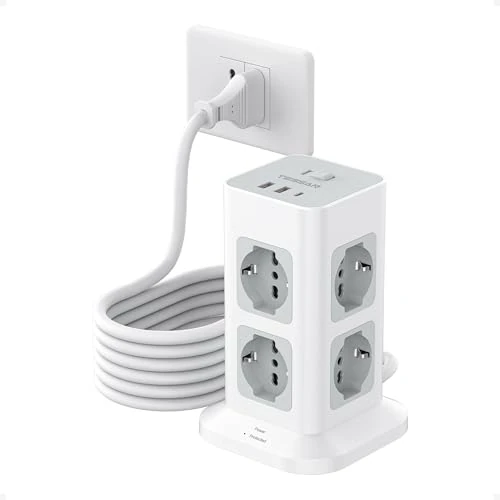 TESSAN Listwa zasilająca z USB 20 W, pionowa listwa zasilająca z 8 gniazdami 16 A, listwa zasilająca z przedłużaczem elektrycznym 5 metrów, 3680 W