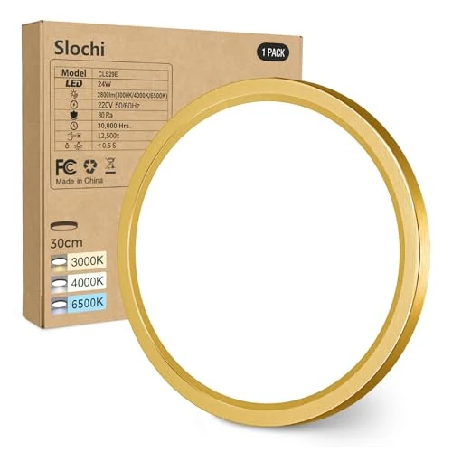 Offre limitée : slochi Plafonnier LED, 3000K 4000K 6500K 3 Couleurs Lampe Plafond, 24W 2800LM, Moderne, Rond, IP44 Etanche Plafonnier Salle de Bain pour Cuisine, Chambre,Couloir, Garage, Balcon, DoréØ30CM de 34.99 € à 33.24 € (5% de remise)