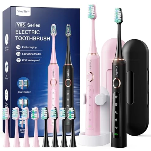 Tijdelijke aanbieding: Elektrische sonische tandenborstel voor volwassenen, set van 2, met 10 borstelkoppen en reisetui, 5 modi, IPX7 waterdicht, elektrische reistas, zwart en roze van 39.99 € naar 39.99 € (0.00% korting)