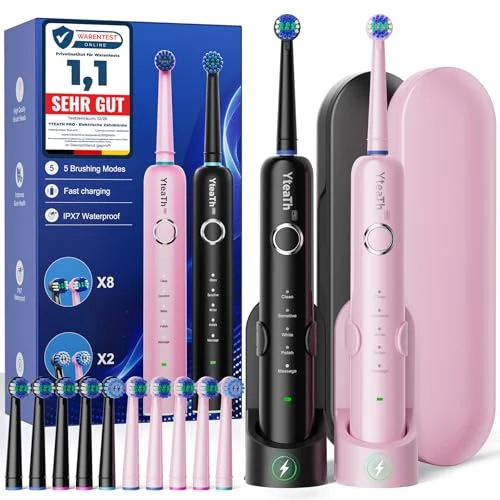 Offerta a tempo: Spazzolino Elettrico Rotante per Adulti - 2 Spazzolino Denti Rotante con 10 Testine e 2 Custodia da Viaggio, 5 Modalità, Impermeabile IPX7, Spazzolino Elettrico da Viaggio Ricaricabile, Nero e Rosa - 5% da 49.99 € a 47.48 €
