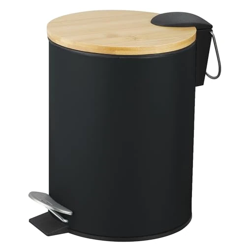 Oferta limitada: Amig - Cubo de Basura para Baño con Pedal 3 Litros Mod. Naturline - Color Negro y Bambú - Apertura Higiénica sin Manos - Ø16,8 x 23 cm - Acero Inoxidable Lacado - Papelera Redonda con Tapa Hermética de 15.89 € a 15.25 € (ahorro 4%)