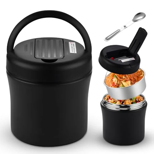 Offerta a tempo: Contenitore termico per alimenti, 1200 ml, in acciaio inox, a prova di perdite, con cucchiaio in acciaio inox, a prova di perdite per zuppe, porridge (nero) - 0.00% da 19.99 € a 19.99 €