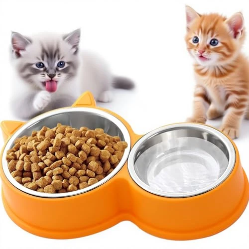 Offerta a tempo: Set Doppia Ciotola per Gatti in Acciaio Inox, Base Antiscivolo, Lavabile in Lavastoviglie – Per Cibo Secco e Umido, Design Carino a Forma di Gatto, Colori Vivaci Assortiti (Giallo) - 0.00% da 12.99 € a 12.99 €