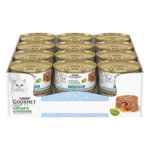 GOURMET NATURE'S CREATIONS Heart of Sauce Wet Food for Cats Adult Mousse with Ocean Fish Garnished with Spinach 12 Cans of 85 g