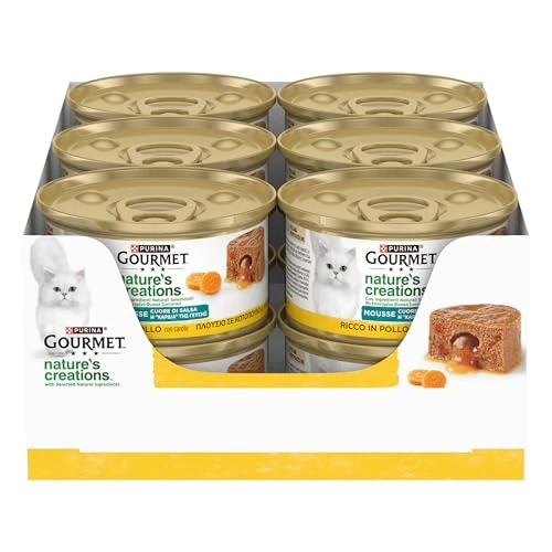 GOURMET Nature 's Creations - Corazón de Salsa - Comida húmeda para Gatos Adultos Mousse con Pollo Adornada con Zanahorias, 12 latas de 85 g