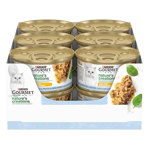 Offerta a tempo: GOURMET NATURE'S CREATIONS Cibo Umido per Gatti Adulti Filettini con Pesce dell'oceano guarnito con spinaci e riso 12 lattine da 85g - 31% da 13.80 € a 9.48 €
