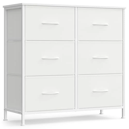 SONGMICS Chest of Drawers, 6 Fabric Drawers Storage Unit, Steel, MDF, Non-Woven Fabric, for Bedroom, Closet, Hallway, Living Room, Cloud White and Snow White LGS123WH01