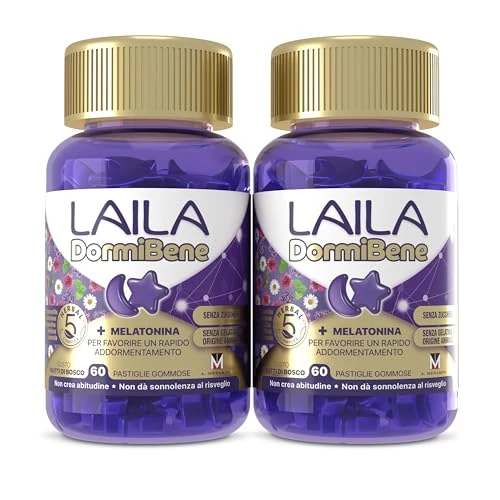 Offerta a tempo: Laila DormiBene Integratore alimentare per il sonno a base di Herbal 5 Complex e Melatonina per favorire un rapido addormentamento. Confezione da 120 pastiglie gommose. Senza zuccheri - 26% da 37.33 € a 27.55 €