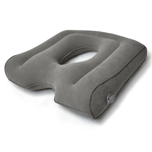 Cuscino Gonfiabile con Foro Centrale - per Sedia, Ufficio e Auto, Cuscino per Sedersi con Supporto Coccige, Allevia la Pressione per Lombare e Postura, Portatile e Regolabile (Grigio)