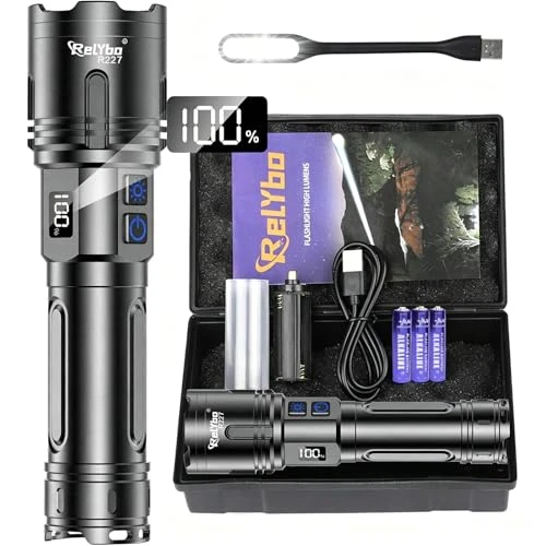 Offerta a tempo: Relybo Torcia LED Potente Professionale 1,000,000 Lumens, XHM90.2 Torcia LED Ricaricabile USB C, 2 Interruttori Infinitamente Dimmerabile Torcia potente Tattica Per Campeggio Trekking Emergenza - 40% da 39.98 € a 23.98 €