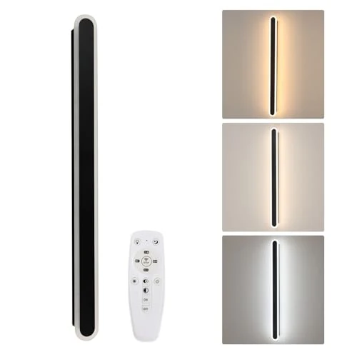 Applique Murale Intérieur, 22W Lampe Murale à Gradation avec Fonction Mémoire et Télécommande, Moderne Design Lignes Luminaires Murals Intérieur pour Chambre Salon Couloir Escalier, Noir, 80CM