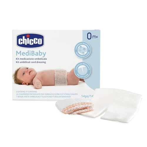 Chicco Kit de pansements ombilicaux, lot de 14 compresses prédécoupées pour le nombril et 7 bandages en filet, permet de fixer et de retirer facilement le pansement, compresse respirante, 0+ mois