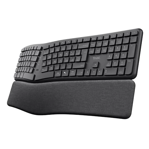 Offerta a tempo: Trust Arvia Tastiera Ergonomica Wireless Silenziosa Italiano QWERTY Bluetooth + 2.4GHz, Tastiera Bluetooth Multidispositivo con Poggiapolsi, Tasti Multimediali, PC Computer Laptop Mac, Nero - 24% da 69.99 € a 52.99 €