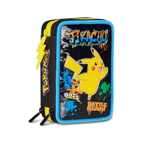 Seven Pokémon - Estuche Escolar con 3 Cremalleras, Negro, portalápices Triple Compartimento con bolígrafos, lápices, Colores, Accesorios, Escuela Primaria, niño, Negro, Talla única, Moderno