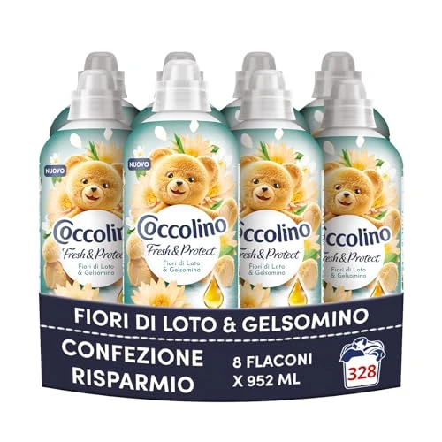 Offerta a tempo: Coccolino Ammorbidente Concentrato Fiori di Loto e gelsomino, Ammorbidente Lavatrice Fresh&Protect, Morbidezza Naturale, Freschezza Lunga, 41 Lavaggi, 8 x 952 ml - 26% da 34.32 € a 25.30 €