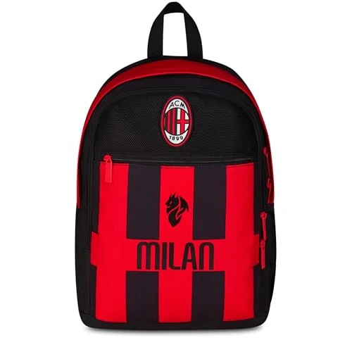 Seven Milan Sac à dos double compartiment, rouge et noir, équipe de football, poche avant zippée et poche pour bouteille d'eau, enfant, école primaire, rouge, Taglia unica, Décontracté