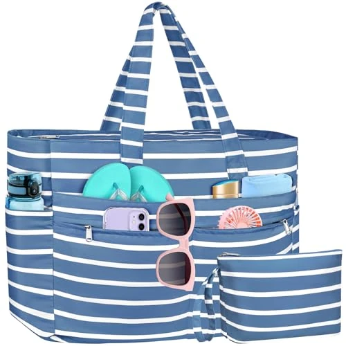 Offre limitée : WACCET Sacs de Plage Femme XXL, Imperméable Extra Large en Famille Sac Plage Léger Pliable avec Fermeture Éclair et Multipoches Sac Cabas Femme pour Voyage, Vacances, Gym, Piscine de 32.99 € à 32.99 € (0.00% de remise)