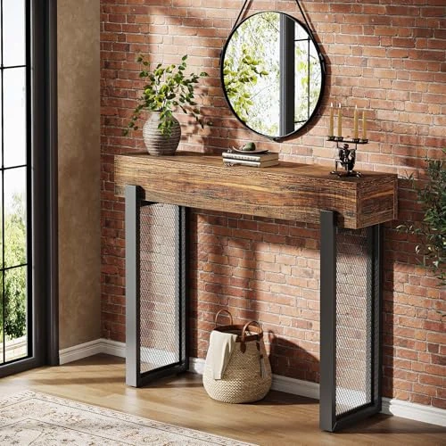 Offerta a tempo: Tribesigns Tavolo consolle da 105 cm con vano portaoggetti, piccolo tavolo d'ingresso industriale con gambe in rete metallica, sottile divano dietro divano per soggiorno, ingresso, corridoio, rustico - 51% da 109.99 € a 53.89 €
