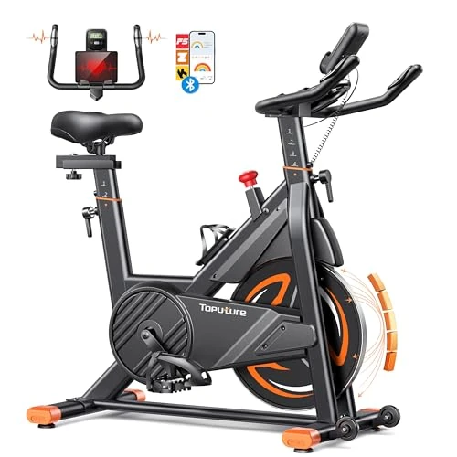 2025 Toputure Exercise Bike with LCD Display, Stationary Bike with App 0-100% Magnetic Resistance Spin Bike for Home Gym Use, Ultra-Quiet 15kg Flywheel, 350lbs Weight Capacity (Orange-Black)