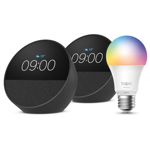 Offerta a tempo: Echo Spot | Nero, 2 pezzi + Tapo L530EA Lampadina LED Smart (E27), Compatibile con Alexa - Kit di base per Casa Intelligente - 50% da 209.97 € a 103.98 €