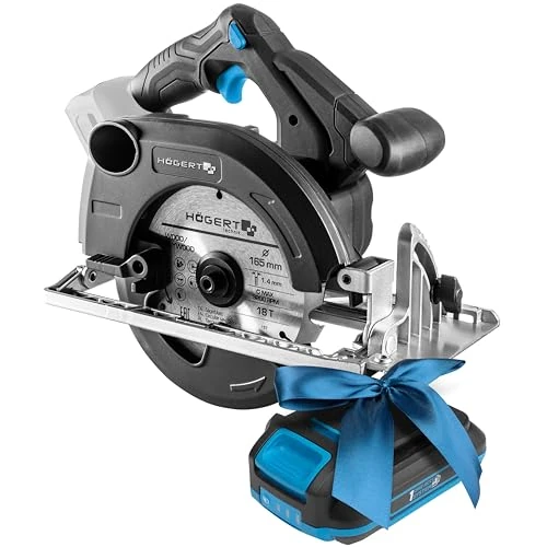 HÖGERT TECHNIK Akku-Handkreissäge 18V, bürstenloser Motor, kabellos, 0-5000 U/min, 165mm Scheibendurchmesser, werkzeuglose Einstellungen, LED, Aluminium-Schutz + PROMO 2,0 Ah