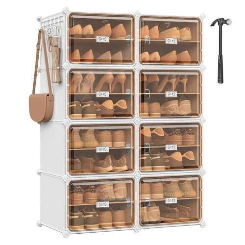 SONGMICS Shoe Rack 8 Compartments Shoe Rack 30x45x30cm Per Compartment Clear Door Metal Frame for 32 Pairs Shoes Hallway Bedroom Cloud White Transparent Brown LPC054WH01