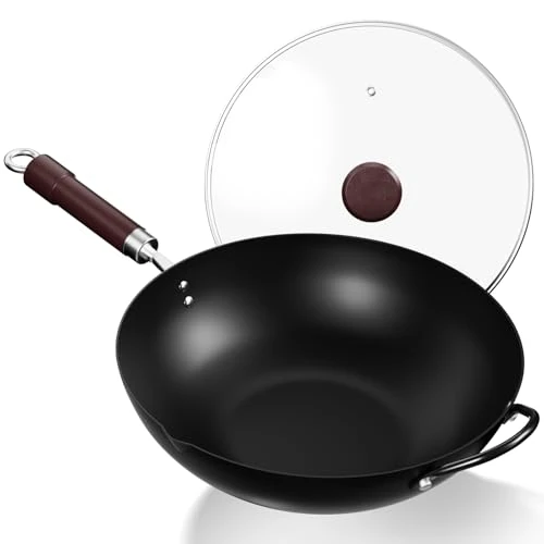 Offre limitee: Jobin 32 cm/12,6'' Wok en Acier au Carbone Avec Couvercle, Poignées en Bois et Acier, Permet de Cuisiner des Plats Asiatiques Pour 3 à 5 Personnes - Fond Plat de 49.99 EUR a 39.99 EUR (economie 20%)
