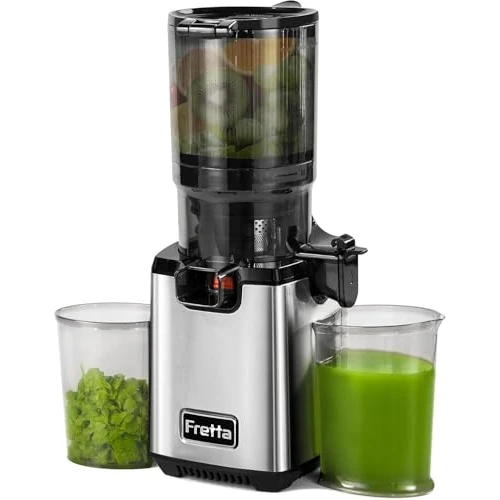 Fretta Juicer Machines,Cold Press Juicer w/135MM Wide Mouth for Whole Fruits and Vegetables,Masticating Juicer,Quiet and High Juice Yield,Easy to Clean,BPA Free (Silver)