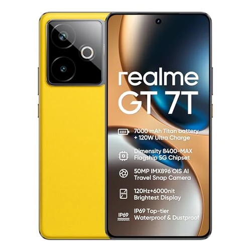 realme GT 7T 5G Smartphone 12+256GB,Racing Yellow, 6.8 inch écran, 120Hz Display, 7000mAh Batterie, 58MP caméra AI, MediaTek Dimensity 8400 chipset, IP68