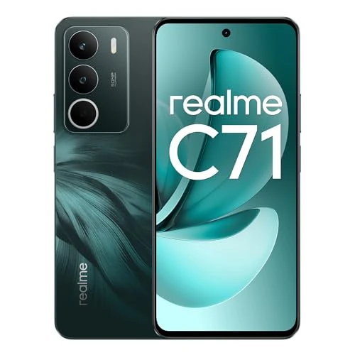 realme C71 smartfon 4G, 6+128 GB, bateria 6000 mAh, ładowanie 45 W, aparat AI 50 MP, 24 GB dynamicznej pamięci RAM, wyświetlacz 120 Hz, odporność na wstrząsy i wodę, zielony (bez adaptera)