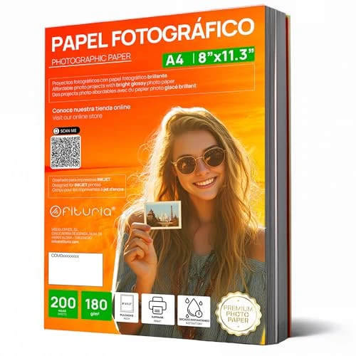 OFITURIA Błyszczący papier fotograficzny A4, wysoka rozdzielczość, natychmiastowy schnięcie 180 g/m², kompatybilny z drukarkami atramentowymi – 200 arkuszy