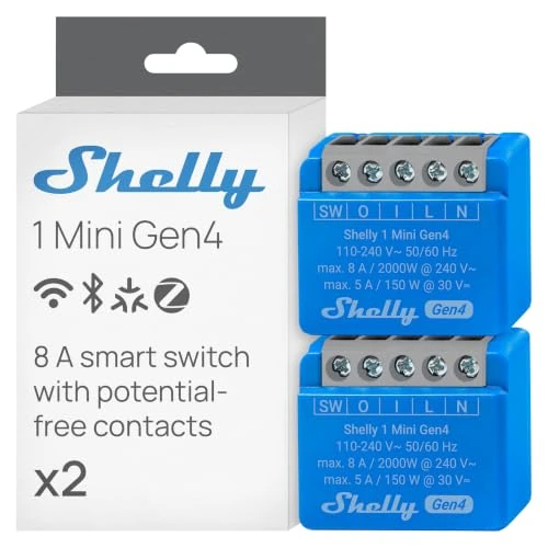 Offerta a tempo: Shelly 1 Mini Gen4 - Interruttore Relè Intelligente Wi-Fi, 1 Canale, 8A, Contatti Puliti, Domotica, Controllo Porta Garage, Nessun Hub Richiesto, Matter, Alexa, Google, HomeKit, Zigbee (2 Pezzi) - 26% da 40.99 € a 30.39 €
