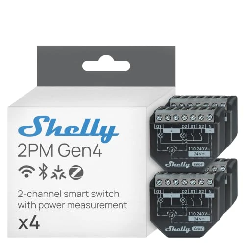 Offerta a tempo: Shelly 2PM Gen4 - Interruttore Relè Intelligente Wi-Fi, 2 Canali, 16A, Monitora il Consumo di Energia, Tapparelle, Nessun Hub Richiesto, Certificato Matter, Alexa, Google, HomeKit, Zigbee (4 Pezzi) - 20% da 118.06 € a 94.99 €