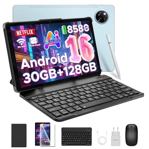 DOOGEE Tab A9 Pro + Android 16 tablets met toetsenbord en pen, tablet 11 inch, 30 GB RAM + 128 GB ROM/TF 2 TB, 8580 mAh 5 G WiFi, Octa-Core PC, Gemini AI/Widevine L1/13 MP/GPS/OTG/dubbele luidspreker