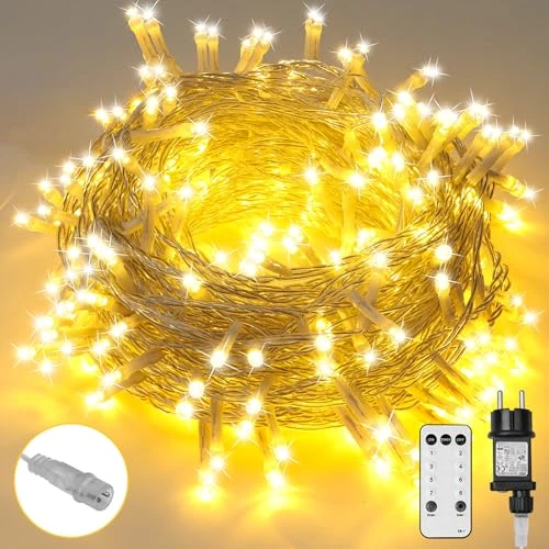 sylvwin Łańcuch świetlny na choinkę: 20 M, 200 diod LED z wtyczką z zegarem i funkcją pamięci, 8 trybów oświetlenia do domu i ogrodu, dekoracja świąteczna