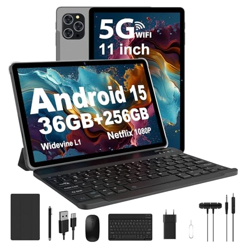 RUSHAR Tablet 11 inch Android 15 met 36 GB RAM + 256 GB ROM (2 TB TF), 5G/2,4 G WiFi, Octa-Core 2.0 GHz, 2000 x 1200, Widevine L1, 8000 mAh, 13 MP + 8 MP, GPS, Face ID, BT 5.0, tablet met toetsenbord