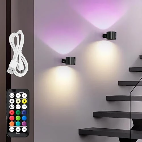 Oferta limitada: LuminexDesigns 2 Apliques de Pared LED Inalámbricos Recargables, Negro, RGB 7 Colores Regulables con Mando a Distancia, Luz Bidireccional, Temporizador, Giro 360°, para Dormitorio y Salón de 39.99 € a 24.69 € (ahorro 38%)