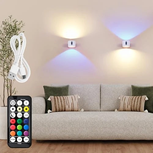 Offerta a tempo: LuminexDesigns Set 2 Applique da Parete LED Senza Fili Ricaricabile per Interni – Bianco Lampada da Comodino con Telecomando e Touch, Dimmerabile, RGB 7 Colori con Timer, per Camera da Letto e Cucina - 27% da 39.99 € a 29.30 €