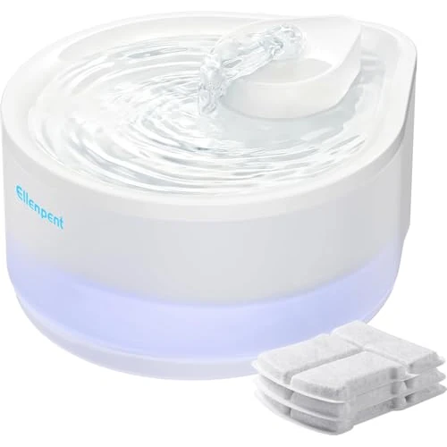 Automatyczna fontanna na wodę dla kota, 2,5 l, Ellenpent cicha pompa wody dla kota, z diodami LED i 3 filtrami, redukcja bałaganu, łatwa do czyszczenia, biała