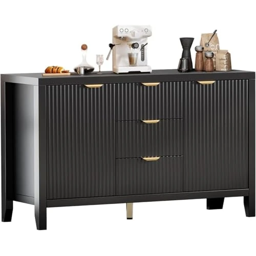 Offerta a tempo: Fuyoula Credenza soggiorno in legno con 3 cassetti e 2 ante, mobile credenza cucina moderno 118×39×65 cm sideboard elegante, Nero - 40% da 248.88 € a 148.34 €