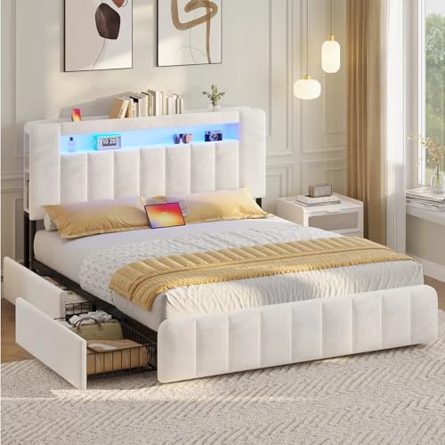 Offerta a tempo: AOGLLATI Letto Matrimoniale con Contenitore 160x200, Struttura Letto con LED e Stazione di Ricarica, Letto Matrimoniale Imbottito con 4 cassetti, Vano Portaoggetti Laterale, Partizione, Velluto Beige - 0.00% da 169.99 € a 169.99 €