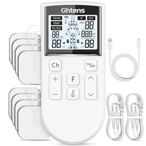 GHTENS 5 in 1 Elettrostimolatore Muscolare Professionale, Ricaricabile 80 Modalità con TENS/EMS/RUSS/IF/DIY Massaggio, 2 Canali, 16 Intensità per Alleviare il Dolore