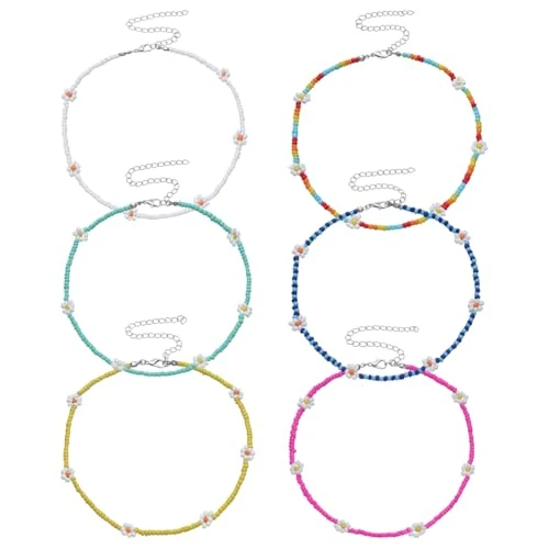 WUSJCOF Zomerhalskettingen voor dames, 6 kleurrijke parelkettingen met handgemaakte bloemen, verstelbare boho-halskettingen voor strand, feestjes en tienermeisjes