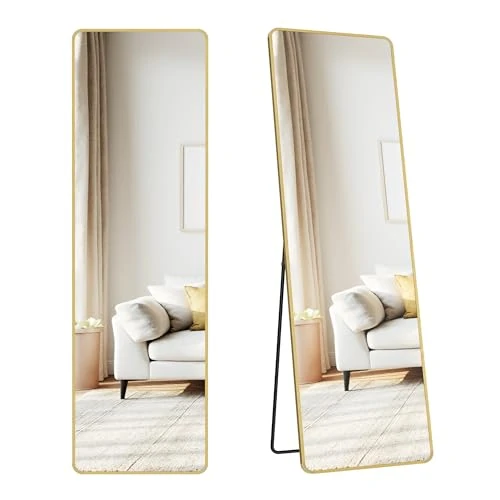 SONGMICS Specchio a Figura Intera, 150 x 40 cm, Specchio da Terra Rettangolare con Supporto, Cornice in Lega di Alluminio, Vetro Temperato, Camera da Letto Soggiorno, Oro Pallido LFM034AB01