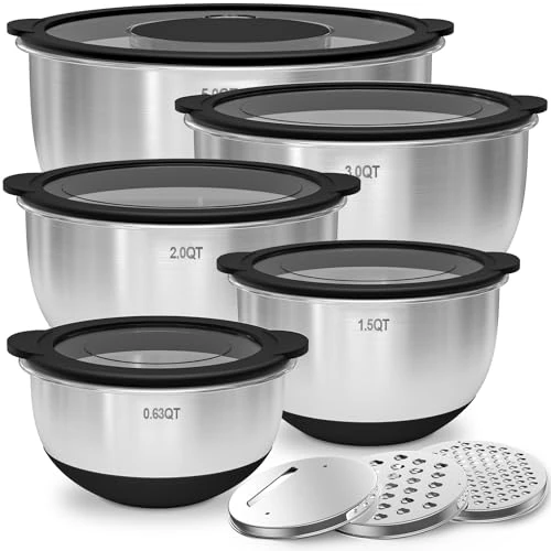 Offerta a tempo: Deedro Ciotole in acciaio inox con coperchio trasparente, set da 5 pezzi, 4,7 l, 2,8 l, 1,9 l, 1,4 l, 0,63 l, per insalatiera, nero, antiscivolo, impilabili, lavabili in lavastoviglie, con grattugia - 0.00% da 45.32 € a 45.32 €