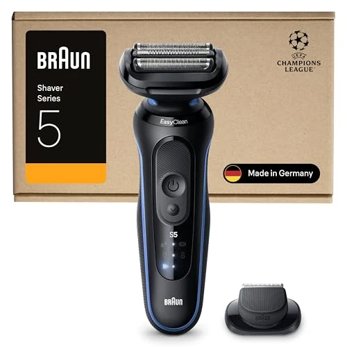 Braun Series 5 Męska golarka elektryczna, czas pracy baterii 50 minut, z precyzyjną nasadką, bezprzewodowa, golarka na mokro i sucho, wodoszczelna, 52-B1200si, niebieska