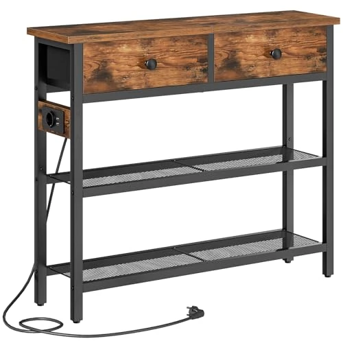 HOOBRO Smalle Consoletafel, 75 cm Haltafel, Bijzettafel met Stoffen Lades, Haltafel, Displayplank, Voor hal, Entree, Woonkamer, Vintage Bruin en Zwart EBF72CXG01